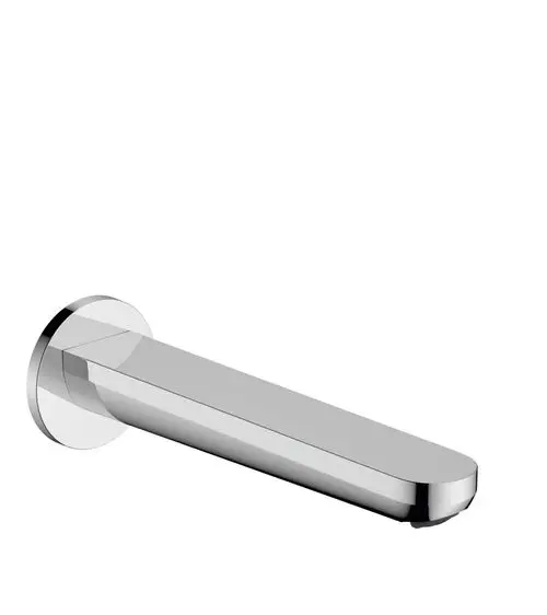 Chromfarbener Wanneneinlauf von Hansgrohe, mit einer schlichten, flachen Ausführung und einer runden Wandmontage.